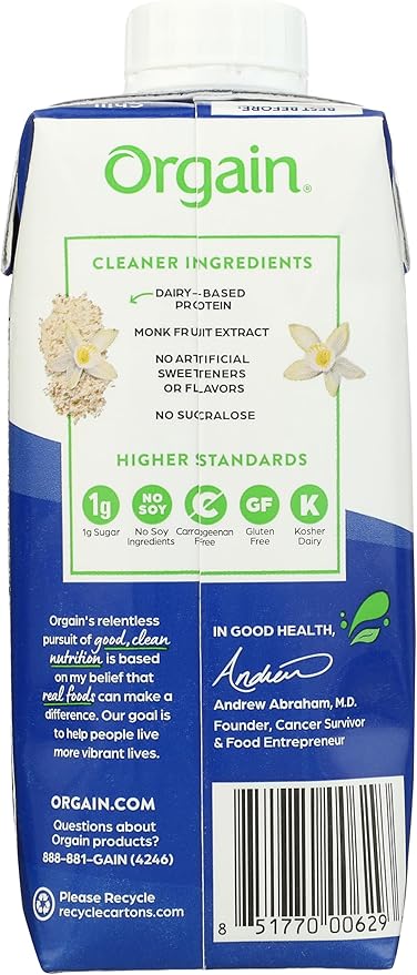 Orgain 30g High Protein Shake, Dairy Isolate Milk Protein, Vanilla Bean, 6g BCAAs, 1g Sugar Per Serving, Meal Replacement, Ready to Drink, Keto Friendly, Gluten-Free 11 Fl Oz (Pack of 12)