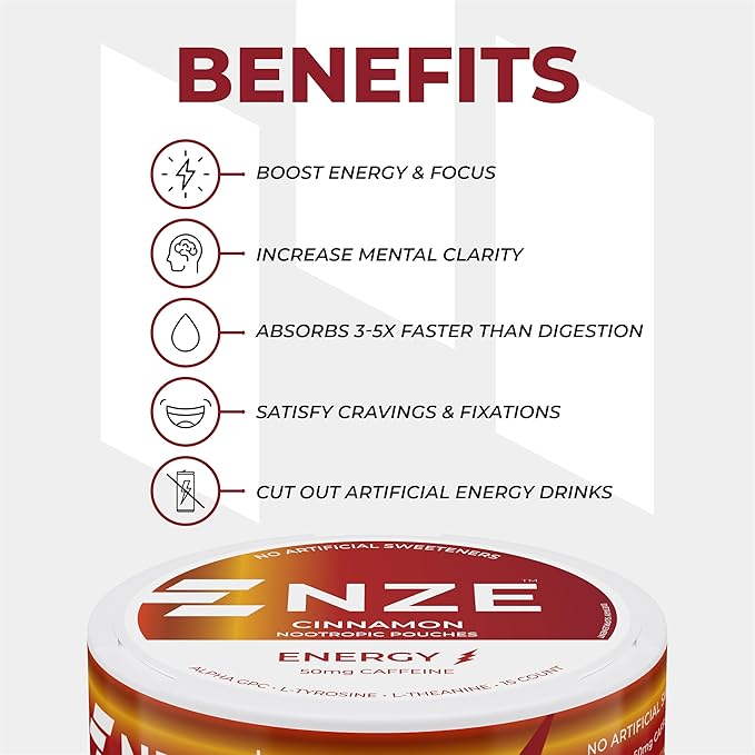NZE Caffeine Nootropic Pouches (Cinnamon) - Energy Pouches with 50mg Caffeine, Alpha GPC, L-Tyrosine & L-Theanine with No Sugar or Artificial Sweeteners - 15 Nicotine Free Pouches Per Can - 5 Pack