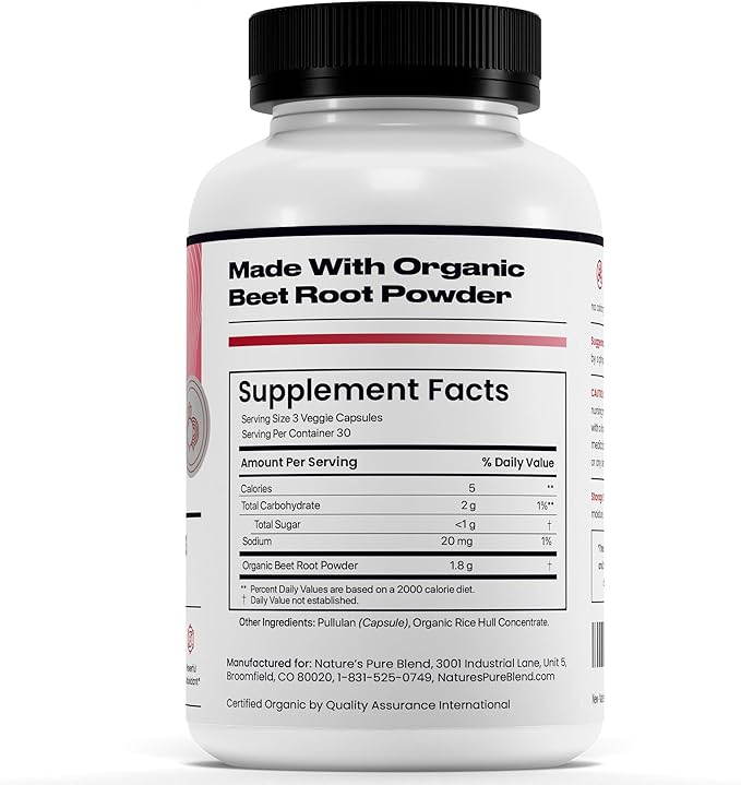 Nature's Pure Blend Organic Beet Root Powder 90 Capsules – Beet Root Capsules & Beets Supplements for Circulation – L Arginine – Nitric Oxide Supplements