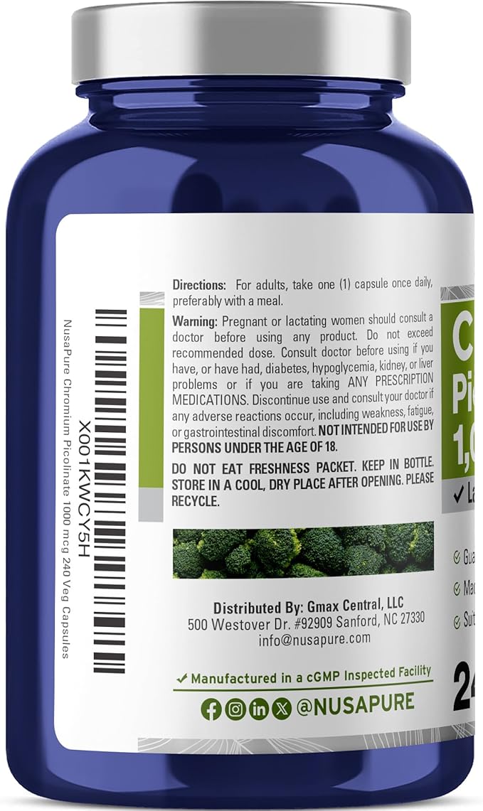 NusaPure Chromium Picolinate 1000mcg 240 Veggie Capsules (Non-GMO, Vegan)