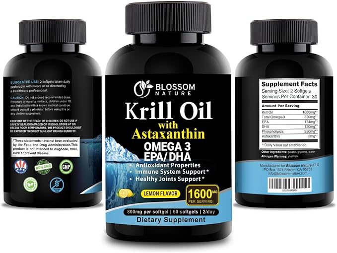 Antarctic Krill Oil Softgels–1600mg per Serving with 2mg Astaxanthin, High Omega‑3 (174mg EPA & 120mg DHA) in Phospholipid Form–Supports Joint, Heart, Skin & Brain Health–60 Lemon-Flavored Softgels