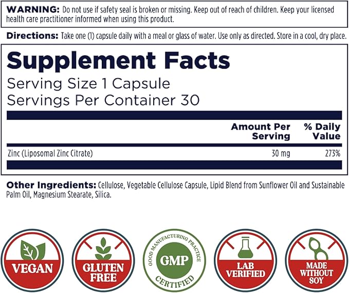 KAL Liposomal Zinc 30mg, Cellular Function and Immune Support Supplement, Enhanced Absorption Zinc Supplements, Vegan, Gluten Free, Soy Free, 30 Servings, 30 VegCaps