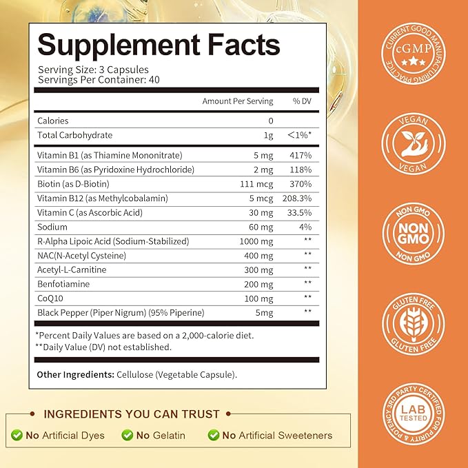R Alpha Lipoic Acid 1000mg with Benfotiamine - Sodium ALA Supplement for Neuropathy Support Nerve Health & Antioxidant, Cell Energy, Metabolism and Anti-Aging, Non-GMO, Gluten Free, Vegan 120 Counts