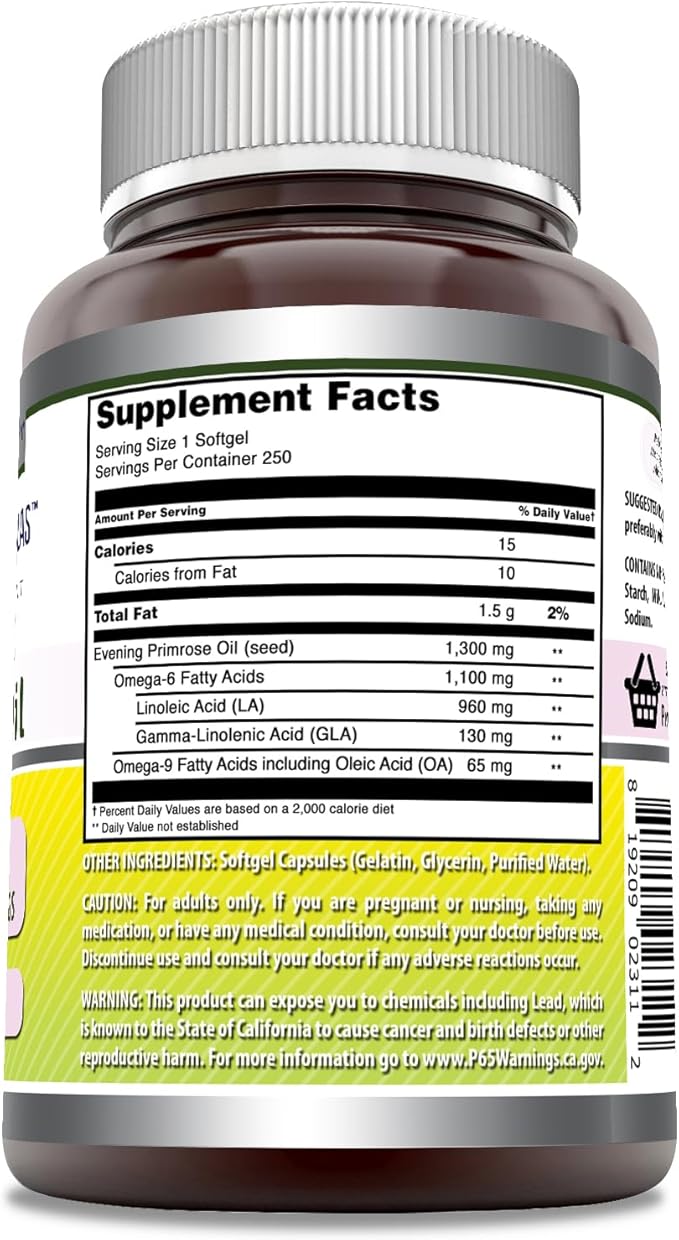 Amazing Formulas Evening Primrose Oil 1300mg, 10% GLA, Softgels Supplement | Hexane Free Cold Pressed Oil | Non-GMO | Gluten Free (250 Count)