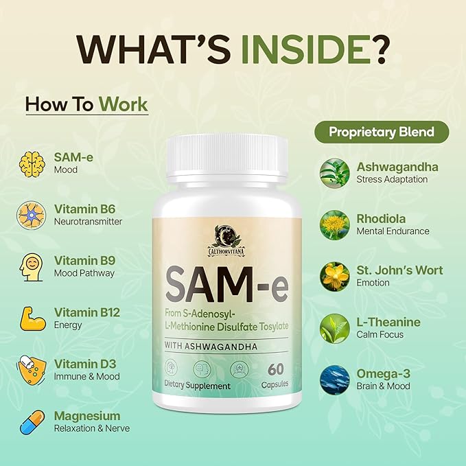SAM-e Supplement – Capsule Complex with Ashwagandha Extract, L-Theanine, Rhodiola, St. John’s Wort, Omega-3 Fatty Acids, Magnesium, B Vitamins & D3, 120 Capsules