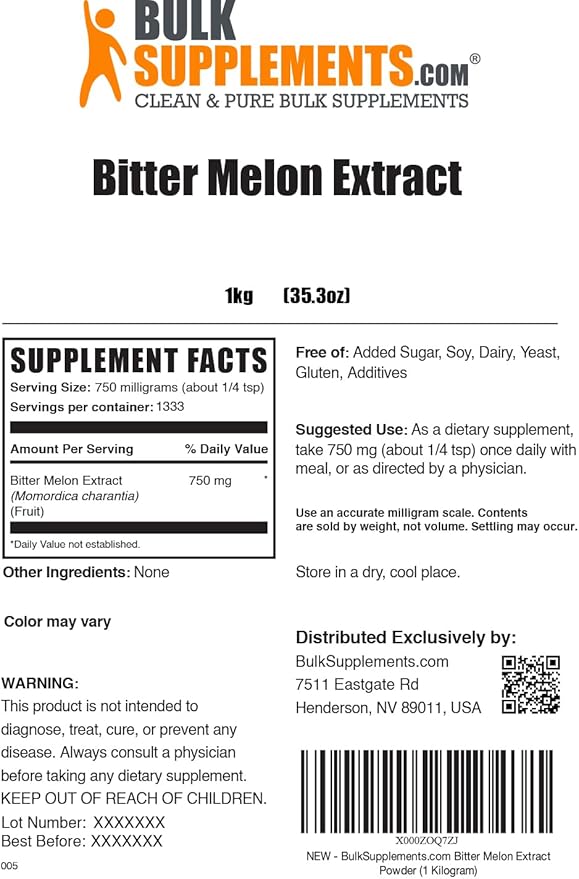 BulkSupplements.com Bitter Melon Extract Powder - Bitter Melon Supplement, Bitter Gourd Extract - Herbal Supplement, Gluten Free, 750mg per Serving, 1kg (2.2 lbs) (Pack of 1)