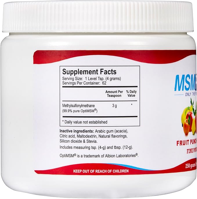 KALA HEALTH MSMPure Fast Dissolving Fruit Punch Flavored Fine MSM Powder Crystals – US-Made MSM for Joint Health, Skin Appearance, and Hair & Nail Support – 8.8 oz, Organic Sulfur