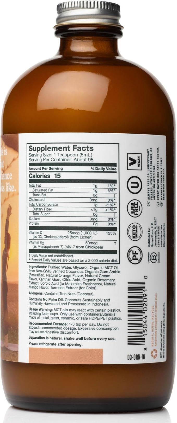 Natural Force Pure Vitamin D – Liquid D3 & K2 with Coconut MCT –1,000 IU, Immunity & Nutrient Absorption Booster- Vegan - Orange Cream, 16 fl oz