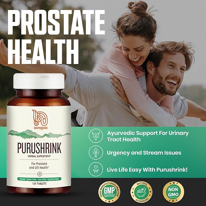 Purushrink Prostate Health Supplement for Men | Support Better Sleep and Urinary Health | Natural Ayurvedic Formula by Nirogam - 120 Tablets