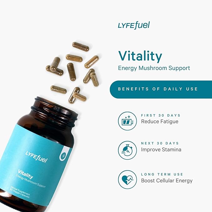 LyfeFuel Adaptogen Blend for Natural Energy & Vitality | Mushroom Supplement & Organic Herb Complex to Boost Stamina, Reduce Fatigue | Maca, Cordyceps, Reishi, Ginkgo, Rhodiola | 60 Vegan Capsules
