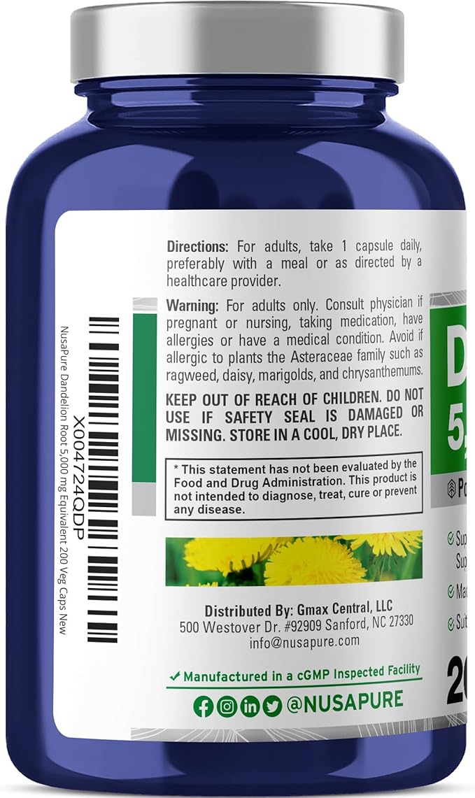 NusaPure Dandelion Root 20:1 Extract, 250 mg Equivalent to 5000mg 200 Veggie Capsules (Non-GMO)