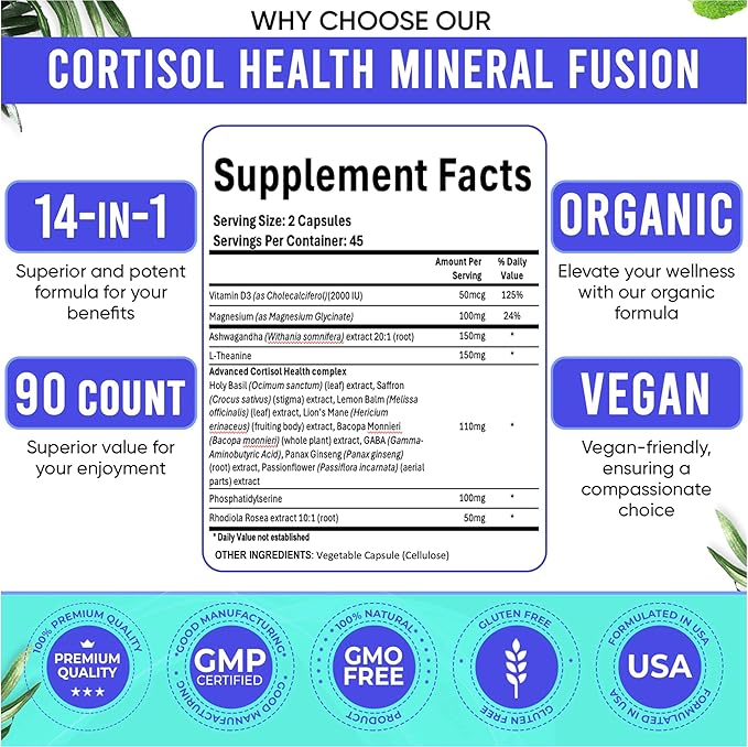 Adndale Cortisol Supplements for Women. Cortisol Manager 14-in-1 Ashwagandha Supplement with Magnesium Glycinate, L-Theanine & More. Support Stress Management & Stamina. 90 Capsules.