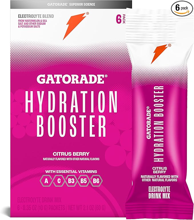 Gatorade Hydration Booster Electrolyte Drink Mix Powder Packets, Citrus Berry, Advanced Electrolyte Blend, No Added Colors, No Artificial Sweeteners, Essential Vitamins A, C, B3, B5, B6, Makes 20 Fl Oz, (6 Pack)
