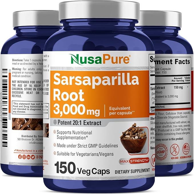 NusaPure Sarsaparilla Root 20:1 Extract, 150 mg Equivalent to 3,000mg | 150 Veggie Caps | Non-GMO