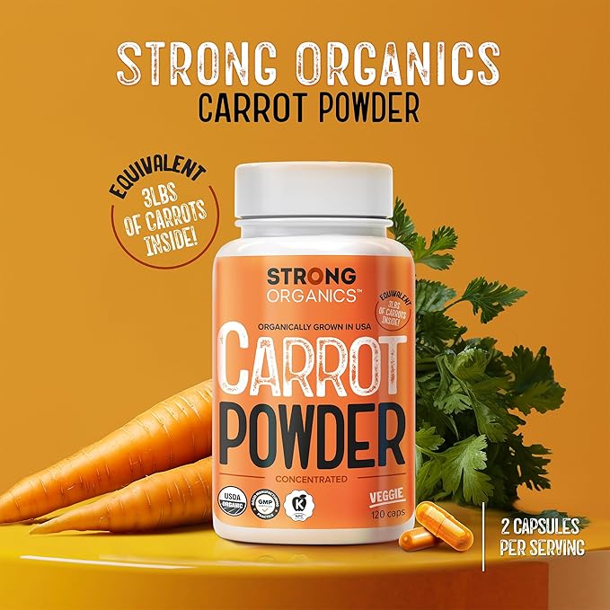 USDA Organic Carrot Powder Capsules (120), Grown in USA, Eye Support, Beta Carotene, Vitamin A, Carotenoids, Antioxidants,106°F Max, Vegan, Kosher-2 Months Supply