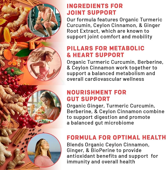 5-in-1 Organic Turmeric Curcumin Supplement (4210mg) with Berberine, Ceylon Cinnamon Bioperine and Ginger Supplements for Joint, Heart, Gut, & Metabolic Support (120 ct)