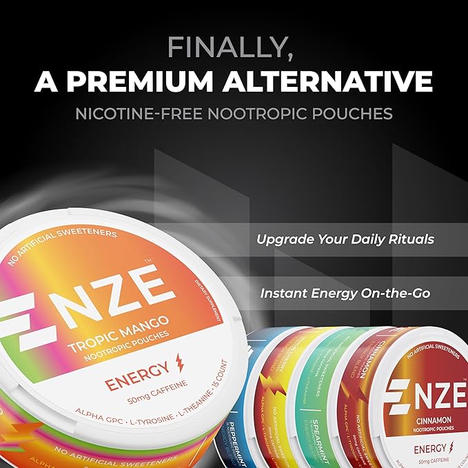 NZE Caffeine Nootropic Pouches (Variety Pack) - Energy Pouches with 50mg Caffeine, Alpha GPC, L-Tyrosine & L-Theanine with No Sugar or Artificial Sweeteners - 15 Nicotine Free Pouches Per Can - 5 Pack