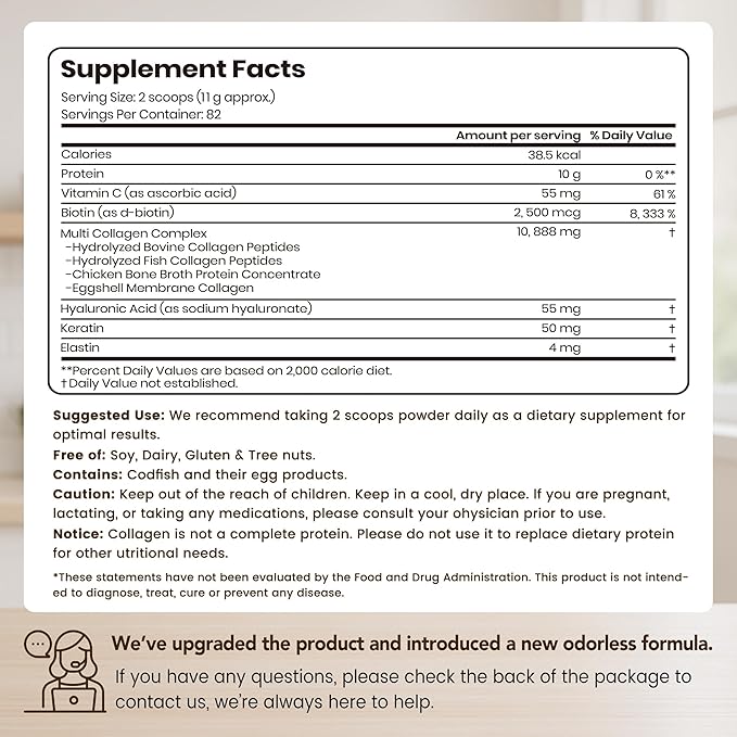 VEV Multi Collagen Peptides Powder Complex (I, II, III, V, X) 2LB – No Flavor, Hydrolyzed Protein Peptides, Elastin, Keratin