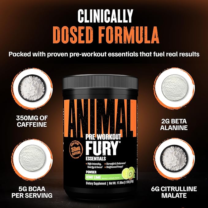 Animal Fury Pre Workout Powder - Kiwi Lime, 350mg Caffeine, BCAA Amino Acids, 2g Beta Alanine, Citrulline & Tyrosine, Energy, Focus, Strength, Endurance, Preworkout for Men & Women, 30 Servings