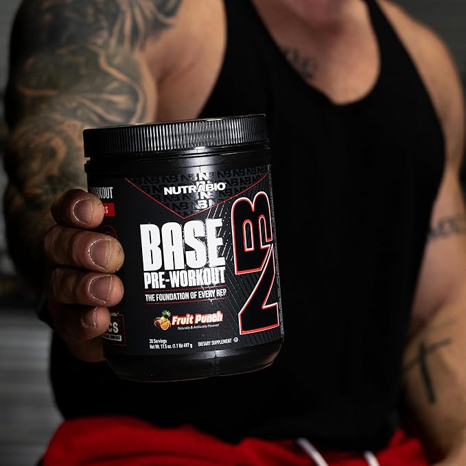 NutraBio Base Pre-Workout Powder 200mg Caffiene, Sustained Energy, Focus, Endurance, Pump, Sugar Free, Clean Preworkout for Men and Women - Beta Alanine, L-Tyrosine, 30 Servings - Fruit Punch