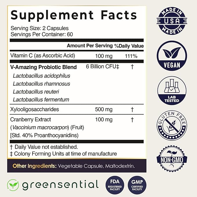 Vaginal Probiotics & Prebiotics | 2-Month Supply | with Cranberry & Vitamin C | Supports Vaginal Flora, Odor, pH & Urinary Tract Health for Women | Lactobacillus Blend | Vegan, 120 Count