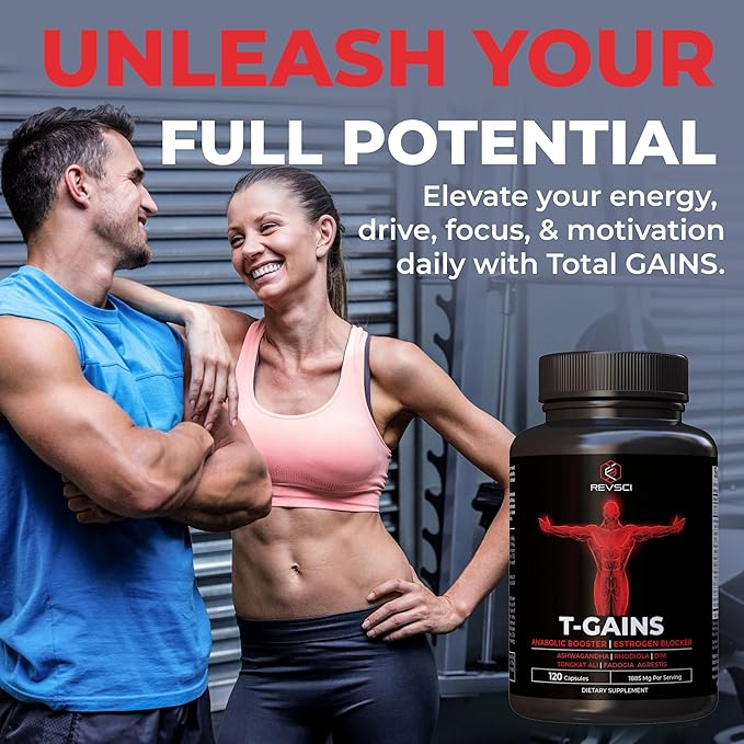 Anabolic Booster for Muscle Growth, T-GAINS Test Booster & Estrogen Blocker for Men, Mens Testosterone Booster Supplement, HGH Supplements Muscle Builder with Tongkat Ali Fadogia Agrestis, 120 Caps