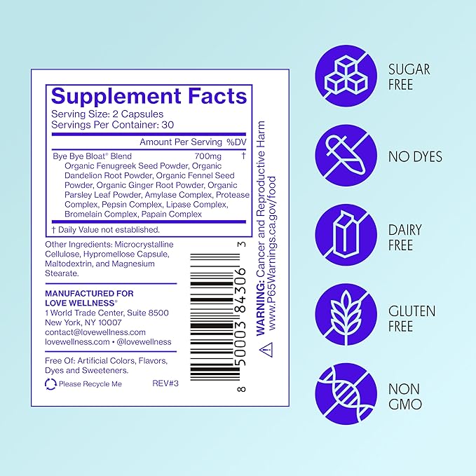 Love Wellness Bye Bye Bloat | Digestive Enzymes for Fast Acting Bloating Relief for Women | Helps Reduce Water Retention & Gas Relief | Supports Digestive Health with Fenugreek & Dandelion | 60 Count