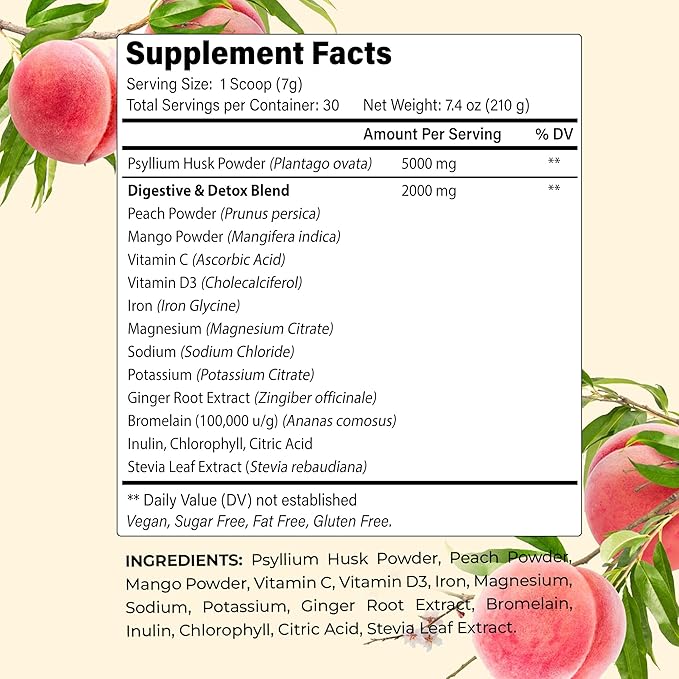 Psyllium Husk Powder | Tropical Flavored Psyllium Husk Powder for Digestive Health & Gut Support | Sugar Free Supplement for Keto & Vegan Diets | 30-Day Supply