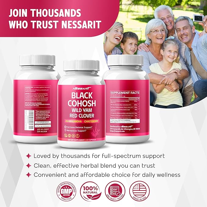 Black Cohosh 9,600mg* – Hormonal Balance Support with Wild Yam, Red Clover, Ashwagandha, Chasteberry & More – 150 Capsules – Made & Lab Tested in USA