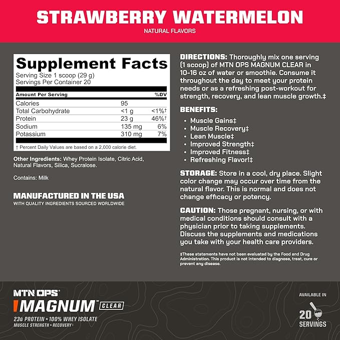 MTN OPS Magnum Clear Protein Powder – 23g 100% Whey Protein Isolate per Serving, Low Carb (<1g), Quick-Digesting, Gluten-Free, Low Lactose, Refreshing Strawberry Watermelon, 20 Servings