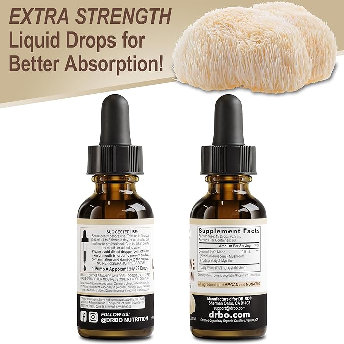 Lions Mane Mushroom Supplement Drops - Organic Lion's Mane Mushroom Liquid Tincture for Focus, Fog Brain Health Supplements - Vegan Herbal Nervine Nootropic Organic Lions Liquid Supplement Extract 1oz