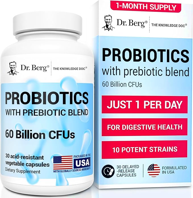 Dr. Berg Probiotic Supplement (60 Billion CFUs) - Helps Ease Occasional Constipation, Diarrhea, Gas & Bloating* - Pre and Probiotics for Digestive Health - 30 Probiotic Capsules