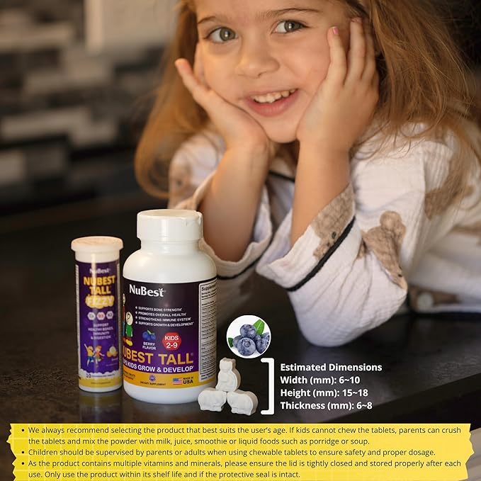 NuBest Tall Kids - Toddlers Vitamins and Kids Vitamins for Age 2 to 9 - Support Bone Strength, Overall Health and Immunity - Animal Shapes - 90 Chewable Berry Tablets | 6 Weeks Supply