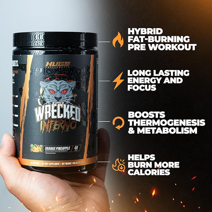 Wrecked Inferno - Thermogenic Pre Workout For Men & Women, Increase Energy, Boost Thermogenesis & Metabolism, Enhance Exercise Performance - Contains L-Citrulline, L-Carnitine, Beta-Alanine & More