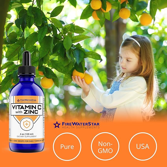 FWS Liquid Vitamin C with Zinc Supplement for Adults and Kids, Organic, Non-GMO, Vegan, Easy VIT C Drops, Ascorbic Acid, 60 Day Supply, Supports Immune System and Skin Health, Essential Vitamin, 4 oz