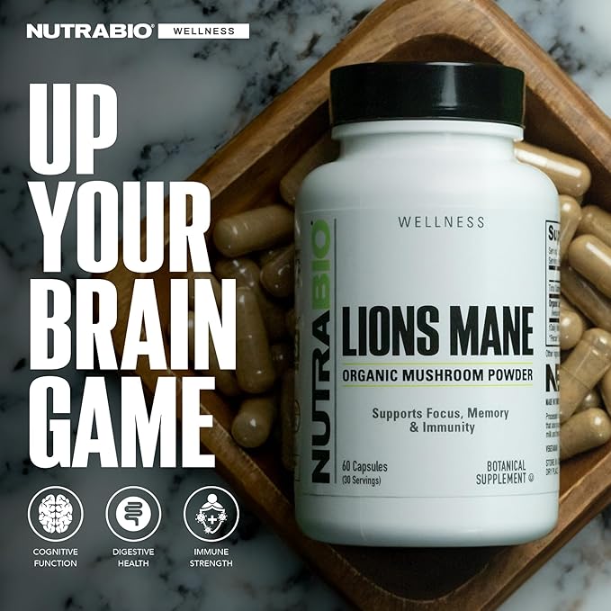 NutraBio Lions Mane Supplement Capsules- Organic Lion's Mane Mushroom Powder (500mg)- Focus, Memory, Immunity - 60 Vegetable Capsules