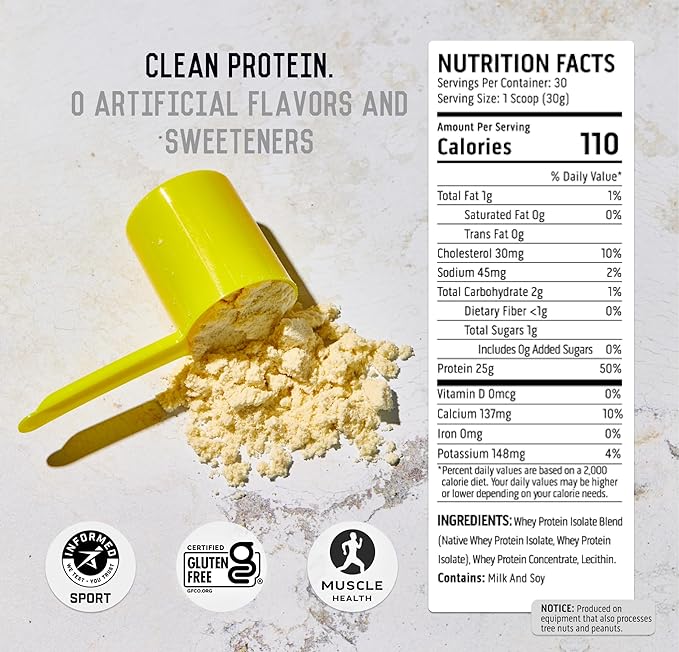 Ascent 100% Whey Protein Powder - Post Workout Whey Protein Isolate, Zero Artificial Flavors & Sweeteners, Gluten Free, 5.5g BCAA, 2.6g Leucine, Unflavored 2 lb