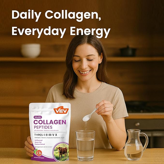VEV Multi Collagen Peptides Powder Complex (I, II, III, V, X) 2LB – No Flavor, Hydrolyzed Protein Peptides, Elastin, Keratin