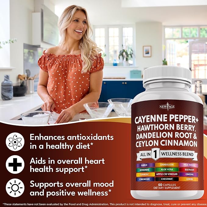 NEW AGE Cayenne Pepper Capsules Supplement with Hawthorn Berry, Dandelion Root, Ceylon Cinnamon, Garlic, Ginger, ACV, Milk Thistle, Beet Root, Aloe Vera - 60 Count