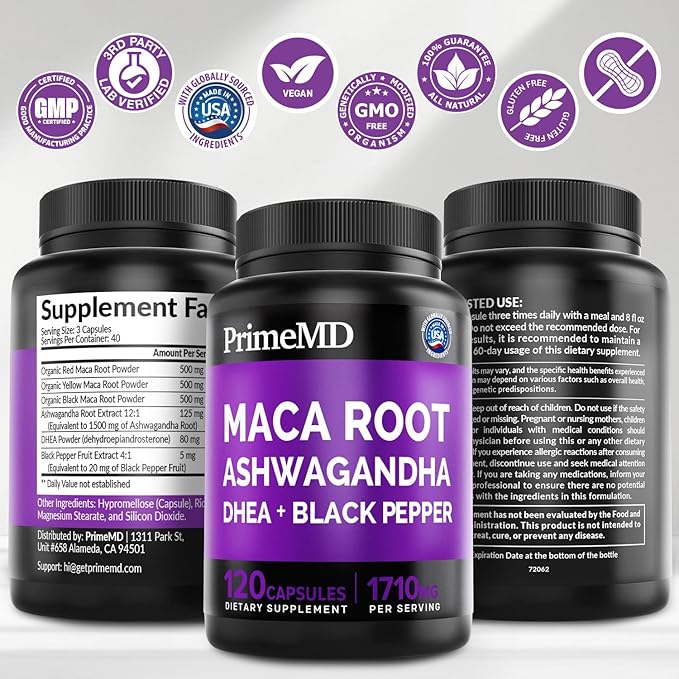 6-in-1 Organic Maca Root Ashwagandha Capsules 1710mg with DHEA and Black Pepper Fruit Extract for Women and Men - Black Maca Supplement for Stamina, Bone and Mood Support Supplement, 120ct (Pack of 3)