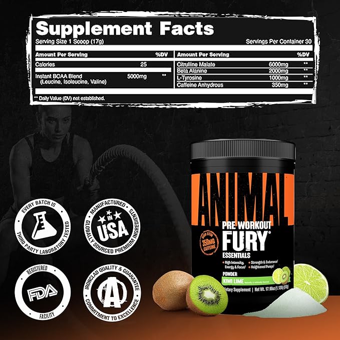 Animal Fury Pre Workout Powder - Kiwi Lime, 350mg Caffeine, BCAA Amino Acids, 2g Beta Alanine, Citrulline & Tyrosine, Energy, Focus, Strength, Endurance, Preworkout for Men & Women, 30 Servings