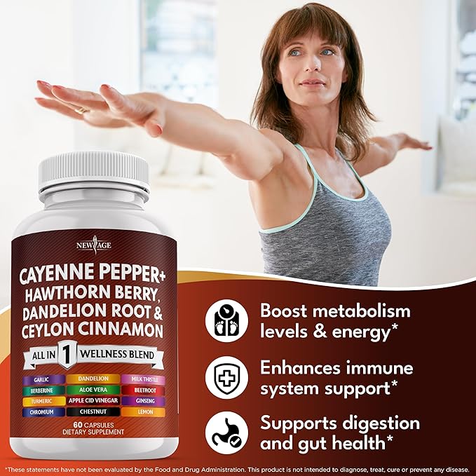 NEW AGE Cayenne Pepper Capsules Supplement with Hawthorn Berry, Dandelion Root, Ceylon Cinnamon, Garlic, Ginger, ACV, Milk Thistle, Beet Root, Aloe Vera - 60 Count