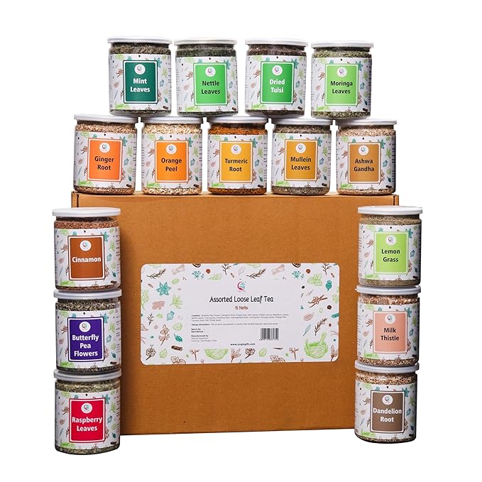 Assorted Loose Leaf Tea | 15 Delightful Herbs | Upto 900 Servings | 100% Raw & Natural | Add Health to your Soups, Smoothies, Teas and more | By Yogi's Gift®