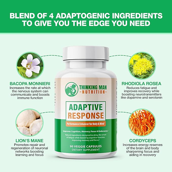 Adaptive Response – Brain Supplements for Memory and Focus | Nootropics Brain Support Supplement with Adaptogens | Lion’s Mane, Bacopa, Cordyceps | Stress Relief & Focus Supplement | 90 count