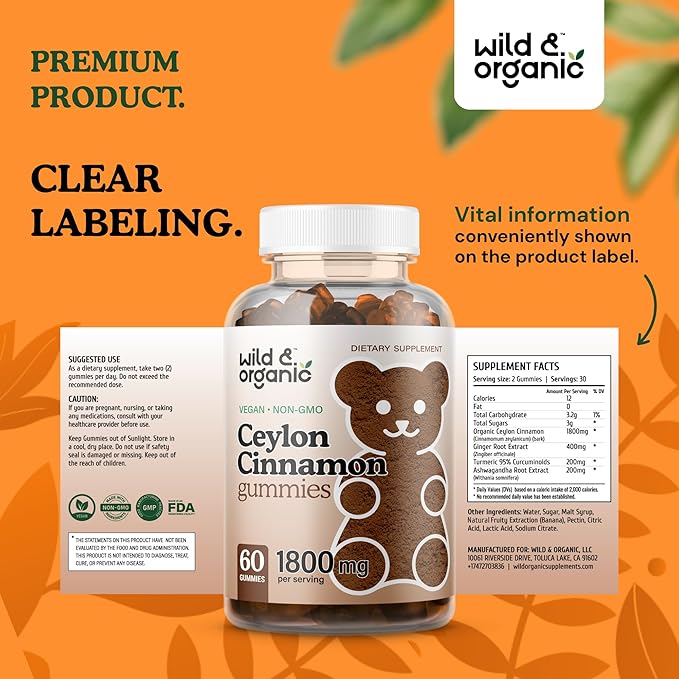 Wild & Organic Ceylon Cinnamon Gummies 1800mg - Antioxidants Support w/Cinnamon, Turmeric Root, Ginger - 60 Vegan, Non-GMO Chews