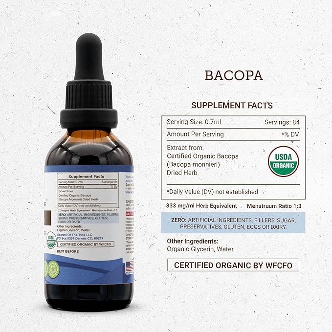 Bacopa USDA Organic | Alcohol-FREE Extract, High-Potency Herbal Drops, Relaxation, Positive Cognitive Effect | Made from 100% Certified Organic Bacopa (Bacopa Monnieri) Dried Herb 2 oz
