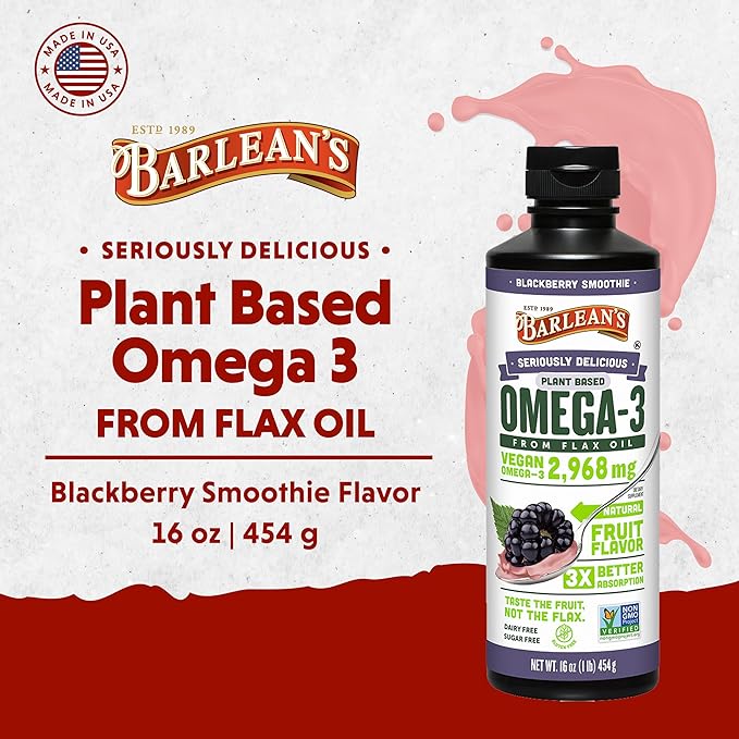 Barlean's Vegan Omega 3 6 9 Flaxseed Oil Liquid Supplement, BlackBerry Smoothie, Flax Seed Oil, 2,968 mg ALA Fatty Acid, Non-GMO and Gluten Free, 16 oz