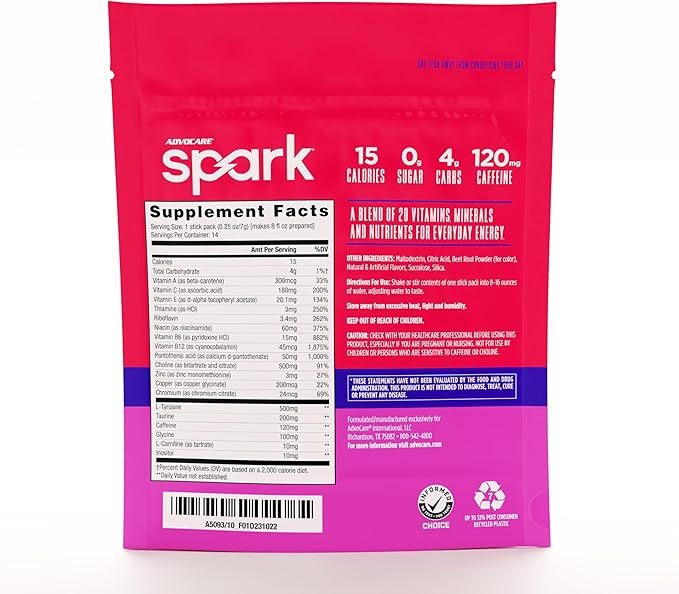 AdvoCare Spark Vitamin & Amino Acid Supplement - Focus & Energy Drink Powder Mix with Vitamin A, B-6, C & E - Also Includes L-Carnitine & L-Tyrosine - Fruit Punch, 14 Stick Packs