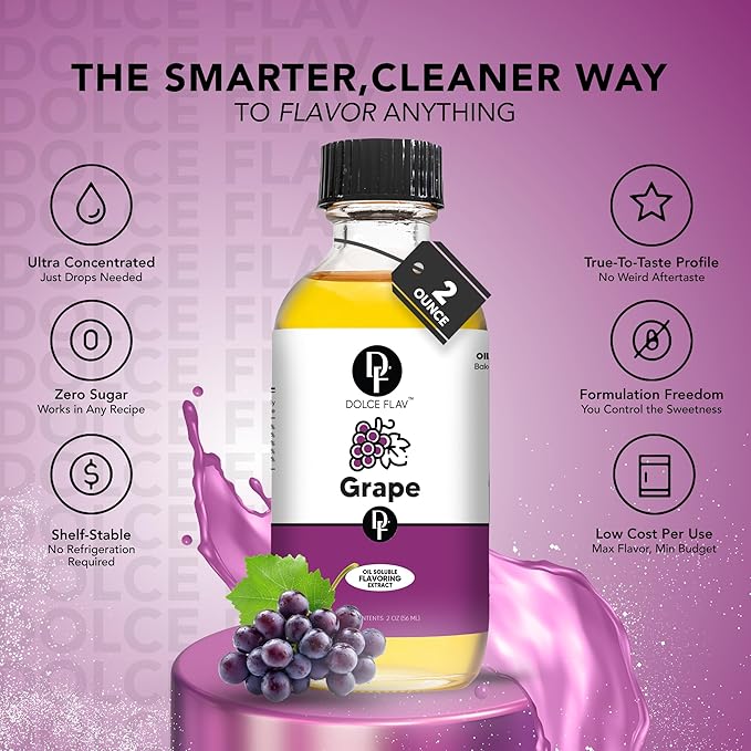 Dolce Flav Grape Extract – 2 Ounce Oil-Soluble Kosher, Sugar-Free, Concentrated Fruit Flavor for Candy, Chocolates & Desserts, Includes Measured Dropper