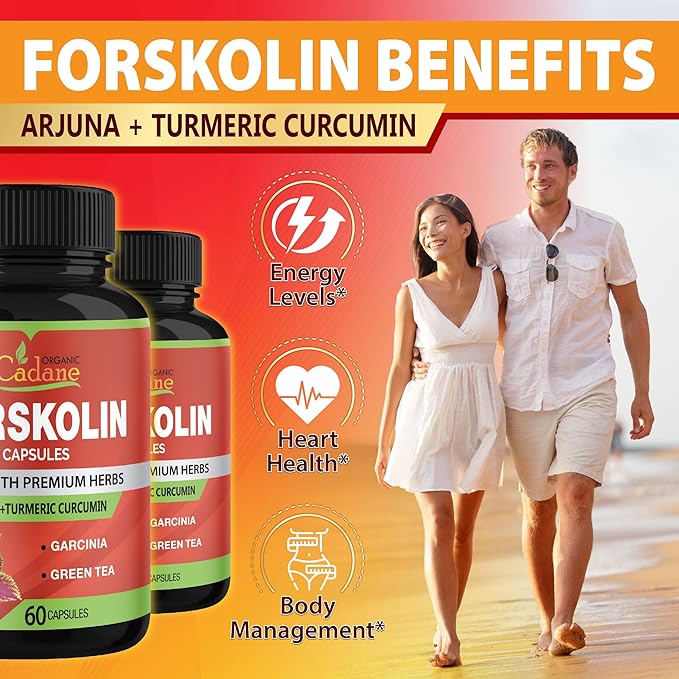 Organic Cadane 2 Packs Forskolin Supplements Capsules & Turmeric, Arjuna, Garcinia Cambogia, Green Tea - Maximum Strength Coleus Forskohlii Extract - Support Energy Production & Immune System